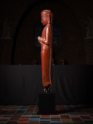 Burmese wooden monk statue, Ava period, standing in namaskara mudra, left side profile