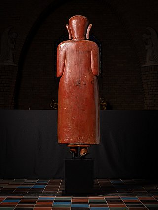 Burmese wooden monk statue, 17th century, standing, rear view showing robe back