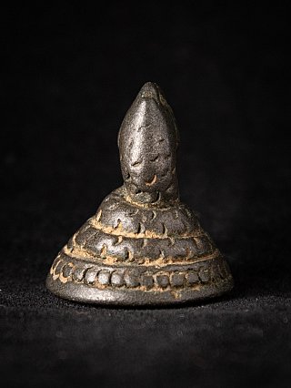 Antique bronze opium weight from Myanmar, rear view showing tall neck and ringed base