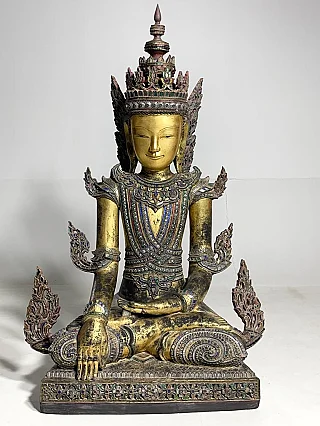 Shan Buddha statue from Burma (Myanmar) in lacquerware, seated with crown, bhumisparsha mudra, front view