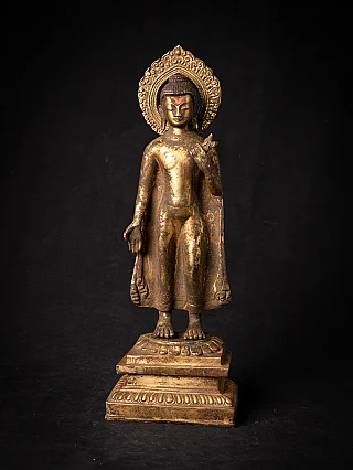 Buddha statue in bronze from Nepal, full-front view on stepped base with halo