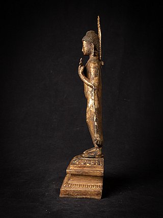 Nepal bronze Buddha statue, side profile view showing the halo and base