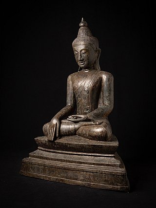 Shan bronze Buddha statue from Burma (Myanmar), seated on stepped base, three-quarter right view
