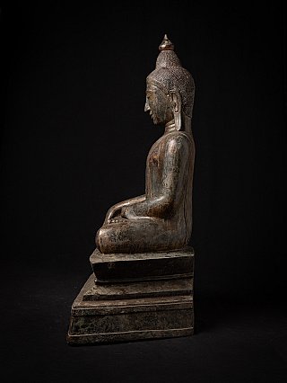 Seated Shan bronze Buddha statue from Burma (Myanmar), right side profile on base