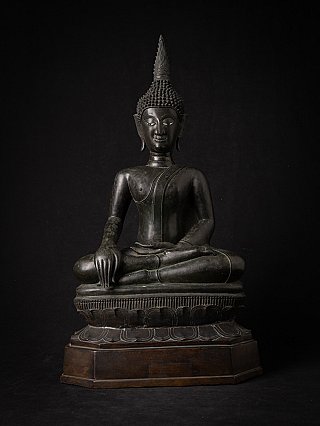 Bronze Buddha statue from Laos on tiered base, full front view with bhumisparsha mudra