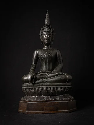 Bronze Buddha statue from Laos on tiered base, full front view with bhumisparsha mudra