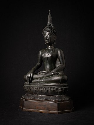 Bronze Buddha statue from Laos on base, three-quarter left view