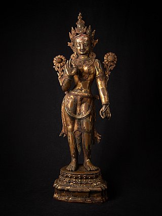 Green Tara statue in Nepali bronze, standing front view with Vitarka mudra and lotus base
