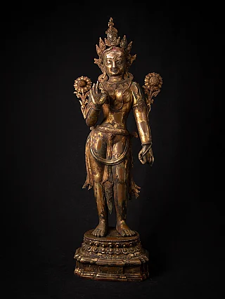 Green Tara statue in Nepali bronze, standing front view with Vitarka mudra and lotus base