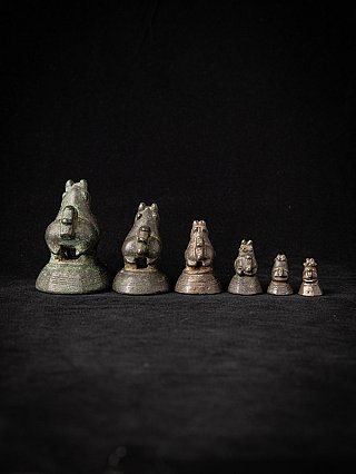 Bronze opium weights from Myanmar, rear view of the six animal figures on bases