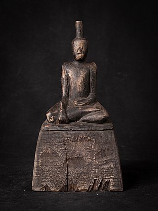 Wooden Burmese Buddha statue seated in bhumisparsha mudra, full front view