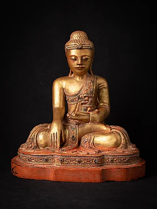 Hölzerne Buddha-Statue aus Burma, Mandalay-Stil, Bhumisparsha-Mudra, Frontalansicht