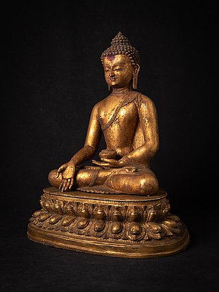 Buddha-Statue aus Nepal in Bronze, Dreiviertelansicht, sitzend auf Lotussockel