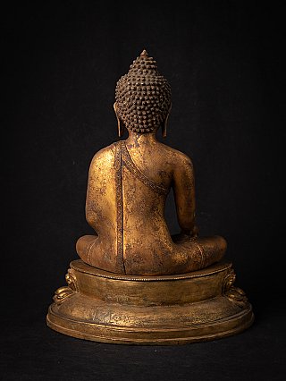 Sitzende Buddha-Statue aus Nepal in Bronze, Rückansicht mit Rücken- und Gewandband-Detail