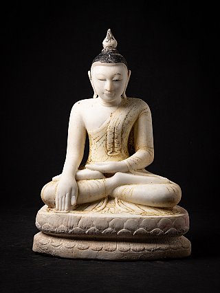 Burmese marble Buddha statue, full front view, seated in bhumisparsha mudra