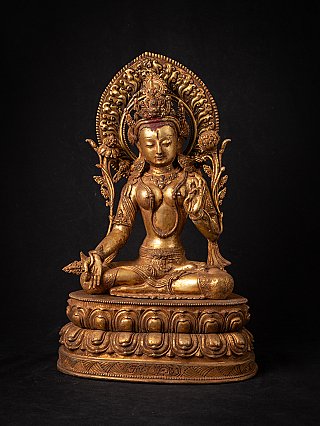 White Tara Buddha statue in Nepali bronze, full front view with halo and lotus base
