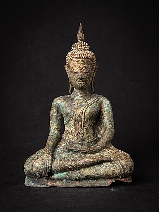 Thai bronze Buddha statue seated in bhumisparsha mudra, full front view