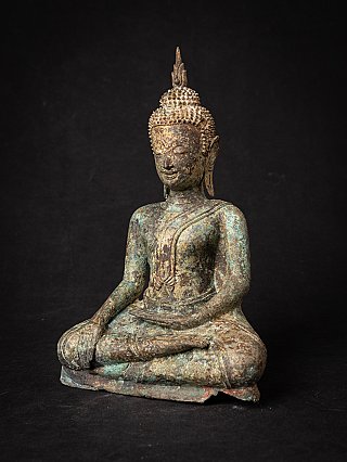 Thai bronze Buddha statue seated, three-quarter left view with aged patina