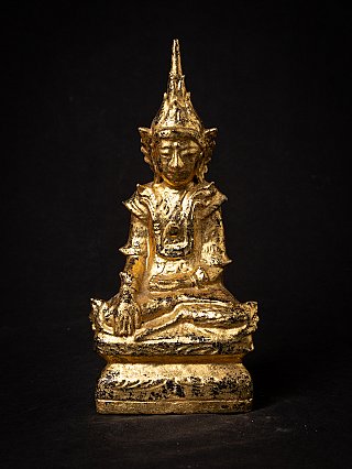 Burmese Shan Buddha statue in wood, seated in bhumisparsha mudra, full front view
