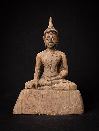 Thai wooden Buddha statue seated in bhumisparsha mudra, full front view on base