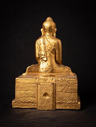 Sitzende Holz-Buddha-Statue aus Burma, Rückansicht mit Rücken und Sockelrückseite