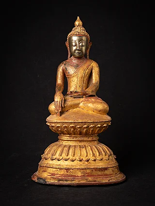 Burmese bronze Buddha statue, seated on lotus base in front view