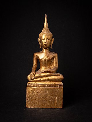 Lanna Buddha statue from Thailand in wood, seated in bhumisparsha mudra, full front view