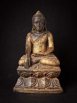 Burmese wooden Buddha statue in Ava style, seated with bhumisparsha mudra, full front view