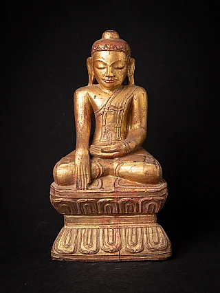 Vergoldete hölzerne Shan-Buddha-Statue aus Burma, sitzend in Bhumisparsha-Mudra, Frontansicht