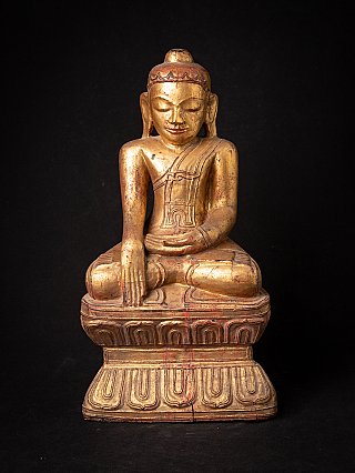 Vergoldete hölzerne Shan-Buddha-Statue aus Burma, sitzend in Bhumisparsha-Mudra, Frontansicht