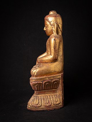 Antike hölzerne Buddha-Statue aus Burma (Shan), sitzend, rechte Seitenansicht mit Sockel