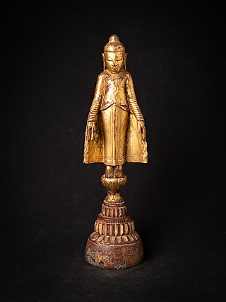 Burmese wooden Buddha statue in Ava style with gilded surface, full front view