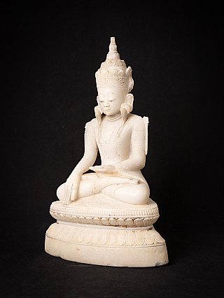 Burmese marble Buddha statue seated, three-quarter view from the left