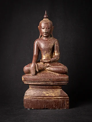 Burmese Shan Buddha statue in wood, seated in bhumisparsha mudra, full front view