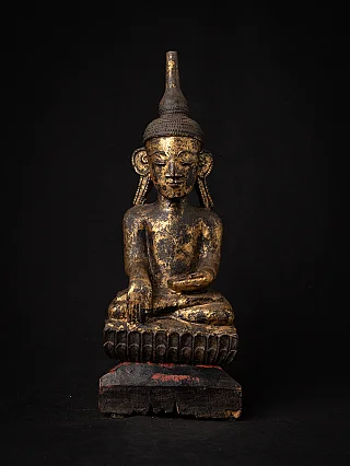 Antike Buddha-Statue aus Holz aus Burma (Myanmar), sitzend auf Lotus, Vorderansicht