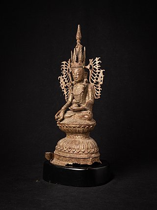 Bronze-Buddha-Statue aus Myanmar (Ava) mit hoher Krone und durchbrochenem Aureol, Dreiviertelansicht