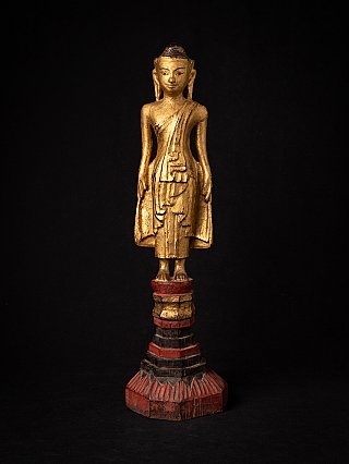 Antike stehende Buddha-Statue aus Holz aus Burma (Myanmar), Shan-Stil, фронтale Gesamtansicht mit Sockel