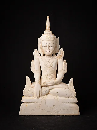 Marmor-Buddha-Statue aus Myanmar im Shan-Stil, sitzend in Bhūmisparśa-Mudra, Frontalansicht
