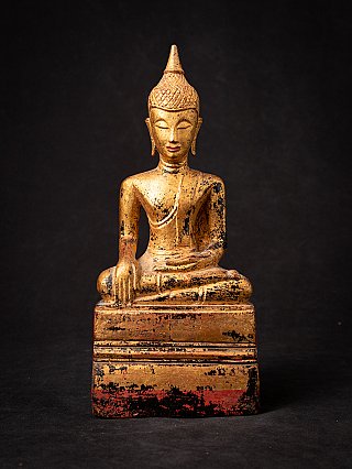 Antique Thai wooden Buddha statue seated, full-front view with bhumisparsha mudra on rectangular base