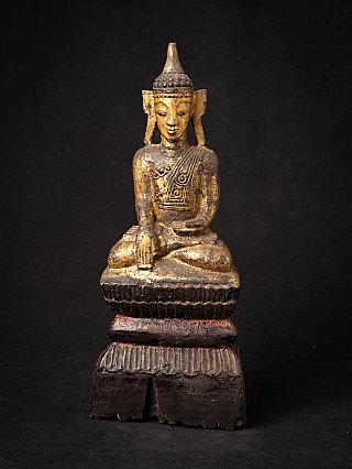 Wooden Shan Burmese Buddha statue seated in bhumisparsha mudra, full front view