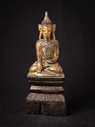 Wooden Shan Burmese Buddha statue seated in bhumisparsha mudra, full front view