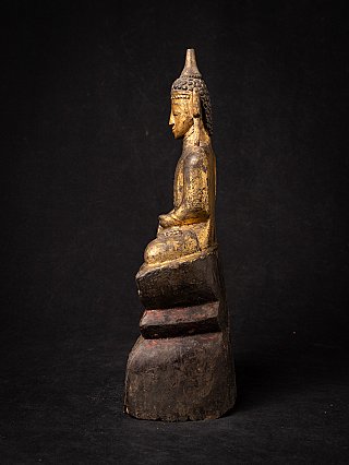 Wooden Shan Burmese Buddha statue on stepped base, left side profile