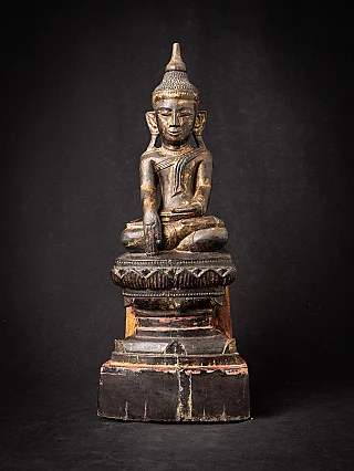 Wooden Shan Buddha statue from Burma, seated in bhumisparsha mudra, full front view on base
