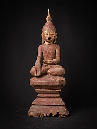 Burmese wooden Buddha statue in Bhumisparsha mudra, Shan style, full-front view