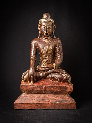 Antike hölzerne Buddha-Statue aus Burma (Myanmar), sitzend in Bhumisparsha-Mudra, Frontalansicht