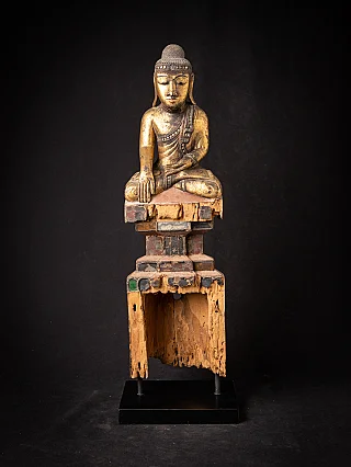 Hölzerne Shan-Buddha-Statue aus Burma, sitzend in Bhūmisparśa-Mudrā, Frontalansicht