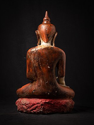 Ava-Buddha-Statue aus Marmor (Burma), Rückansicht mit gefasstem Rücken und grobem Sockel