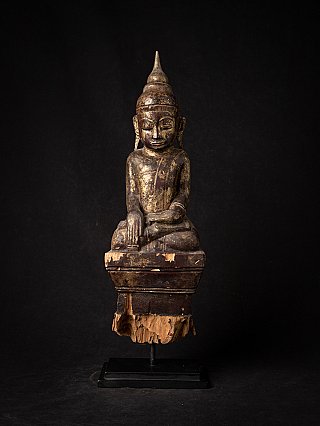 Antique wooden Shan Buddha statue from Burma (Myanmar), seated in bhumisparsha mudra, front view
