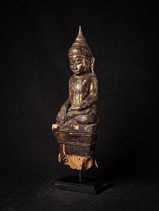 Wooden Shan Buddha statue from Burma (Myanmar), three-quarter left view on black stand