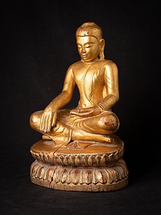 Hölzerne Buddha-Statue aus Myanmar, Ava-Stil, Dreiviertelansicht mit Erdberührungsgeste